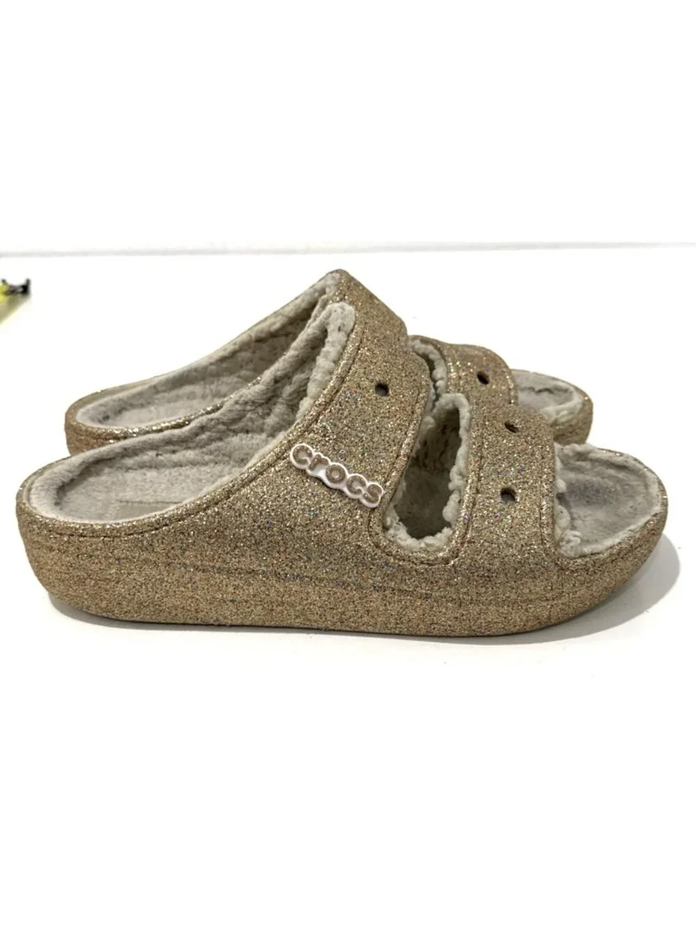Crocs Gold Glitter Fuzzy Lined Slip On 2 Strap Sandal Slides Mens 9 Womens 11